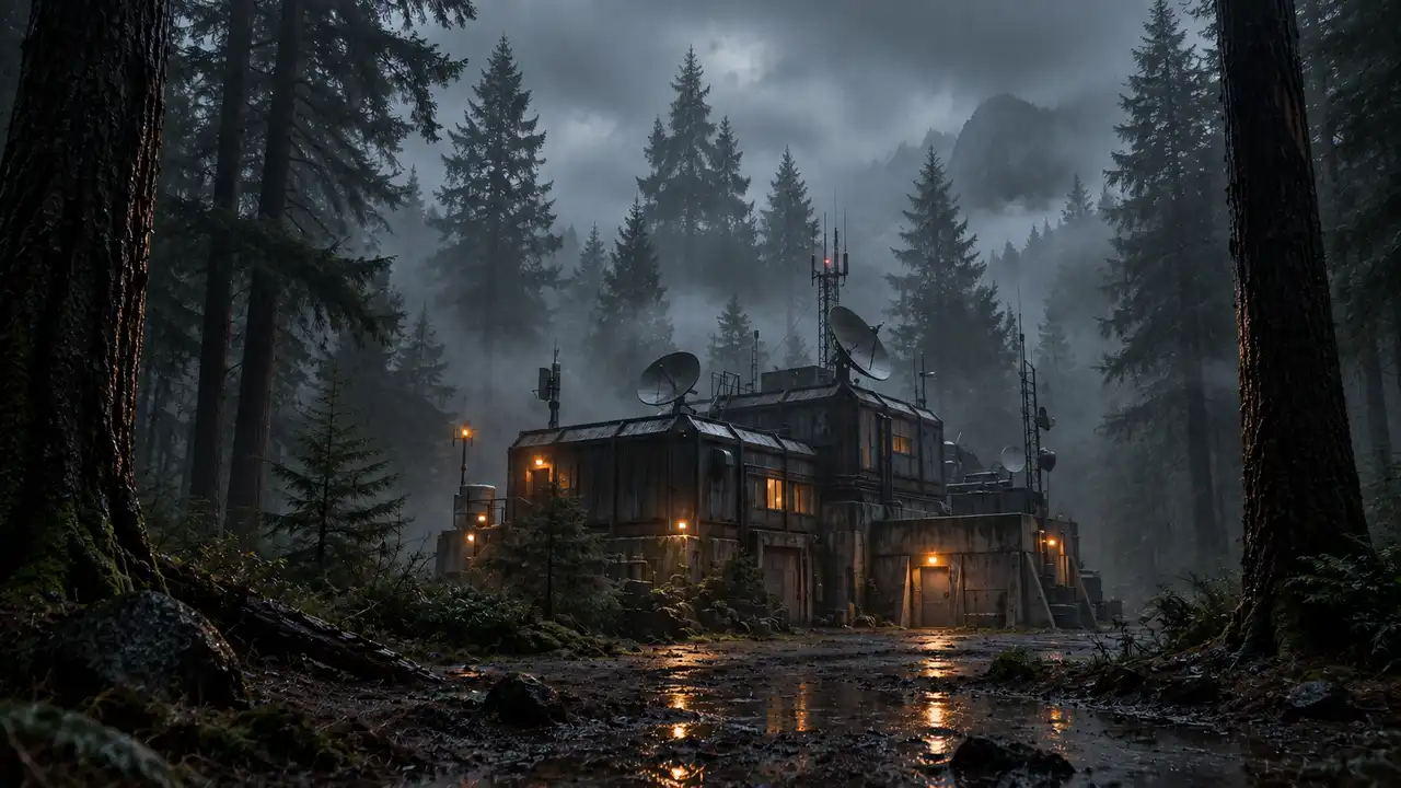 Remote forest outpost in mist, an atmospheric setting for LAVFIELD dark sci-fi ambient music.